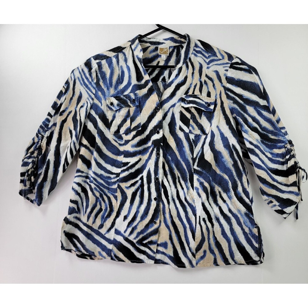 JM Collection Shirt Womens 16 Blue Zebra Linen Drawstring Sleeve Beach Pockets